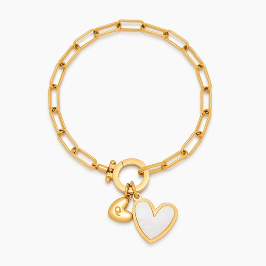 Paperclip Initial Heart Duo Bracelet | 18K Gold-Plated | Engraved Initial & Heart Charm