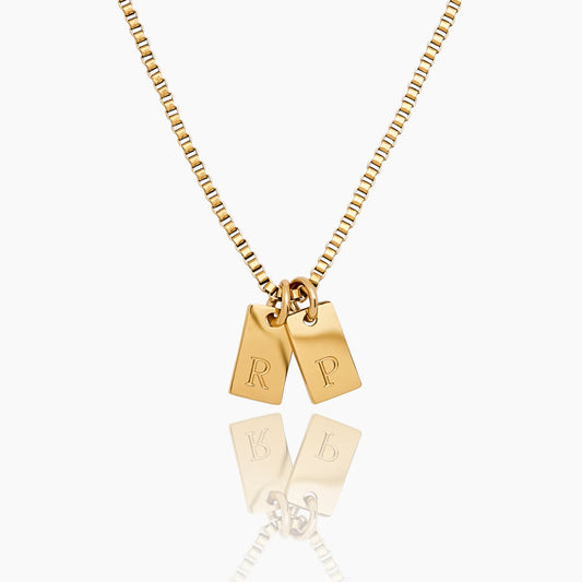 Tag Initial Necklace | 18K Gold-Plated | Up to 4 Engraved Charms on Box Chain
