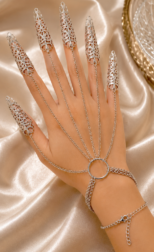 Gold Silver Gothic Finger Claw Hand Chain Bracelet, Medieval Armor Statement Jewelry