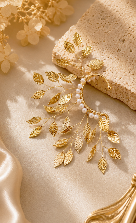Gold Leaf Ear Cuff, Pearl Fairy Ear Wrap, Boho Bridal Ethereal Jewelry