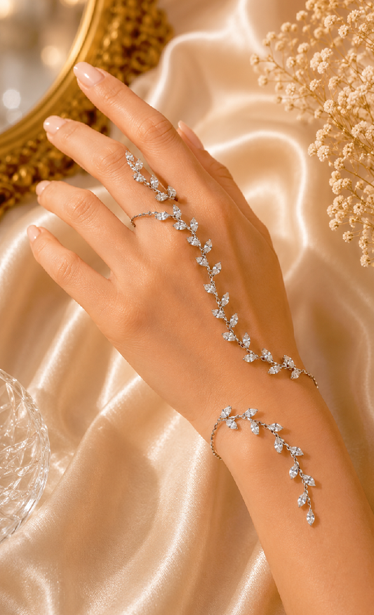 Silver Crystal Leaf Vine Hand Chain Bracelet, Bridal Boho Wedding Jewelry