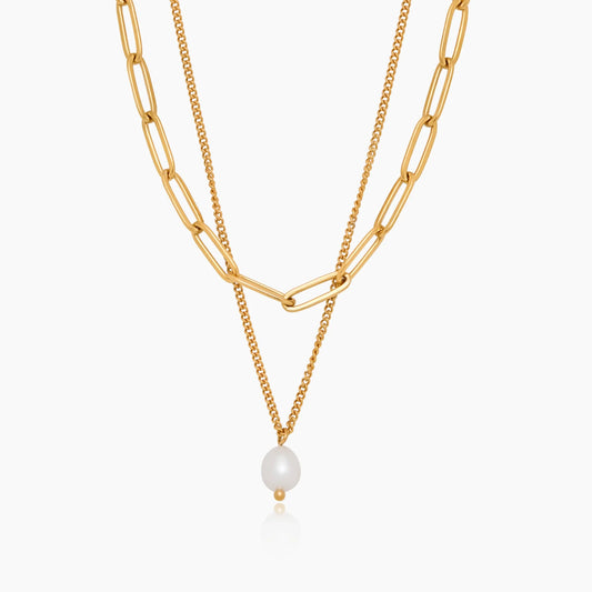 Paperclip & Pearl Drop Layered Necklace | Gold-Plated | Two-Chain Layer