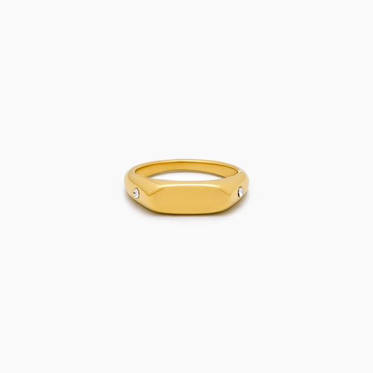 Twin Star Signet Ring | Gold-Plated | Flat Top Signet, Twin Crystal Sides