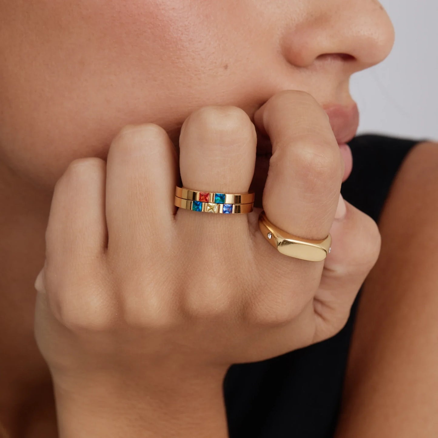 Twin Star Signet Ring | Gold-Plated | Flat Top Signet, Twin Crystal Sides