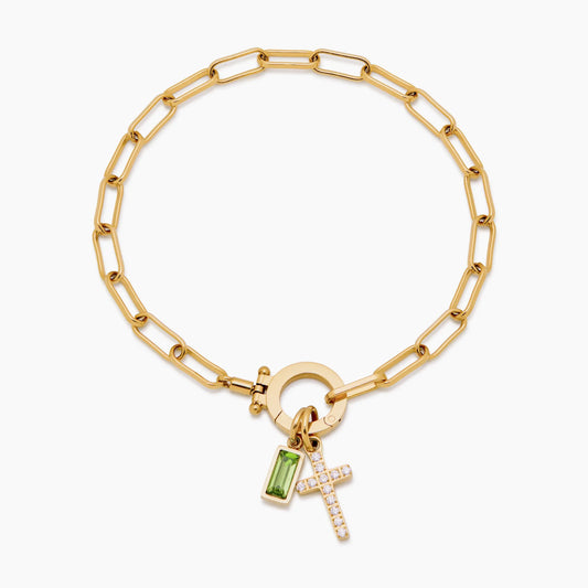 Paperclip Birthstone Cross Charm Bracelet | 18K Gold-Plated | Personalized Faith Style