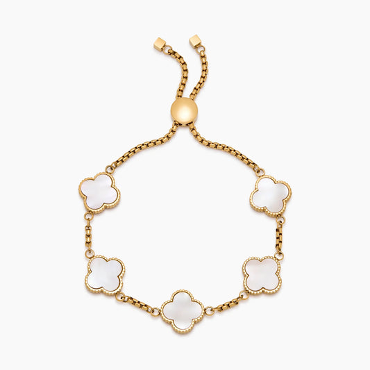 Mother of Pearl Clover Bracelet | 18K Gold-Plated | 5-Clover Iridescent Chain Style