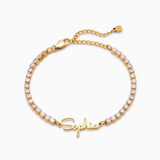 Signature Name Tennis Bracelet | 18K Gold-Plated | Name on Crystal Tennis Chain