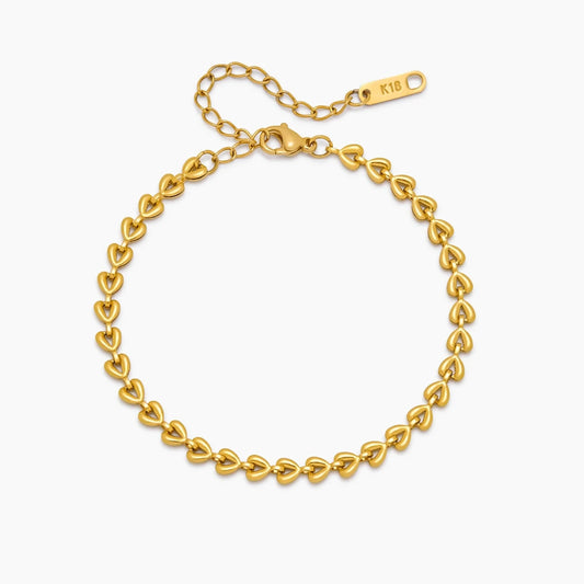 Chain of Hearts Bracelet | 18K Gold-Plated | Linked Gold Heart Motif, 6-Inch Chain