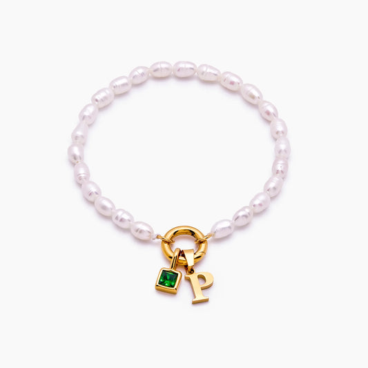 Pearl Initial Birthstone Bracelet | 18K Gold-Plated | Pearl, Initial & Stone
