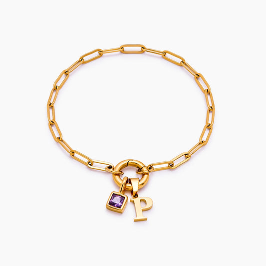 Paperclip Initial Birthstone Bracelet | 18K Gold-Plated | Initial & Stone
