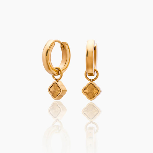 Mini Sunburst Clover Hoops | 18K Gold-Plated Stainless Steel | Huggie + Clover Charm