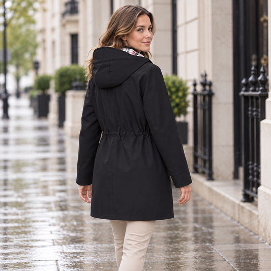 Carlotta 3-in-1 Raincoat – Waterproof with Detachable Hood shown in use – gallery 2: black-rear-three-quarter