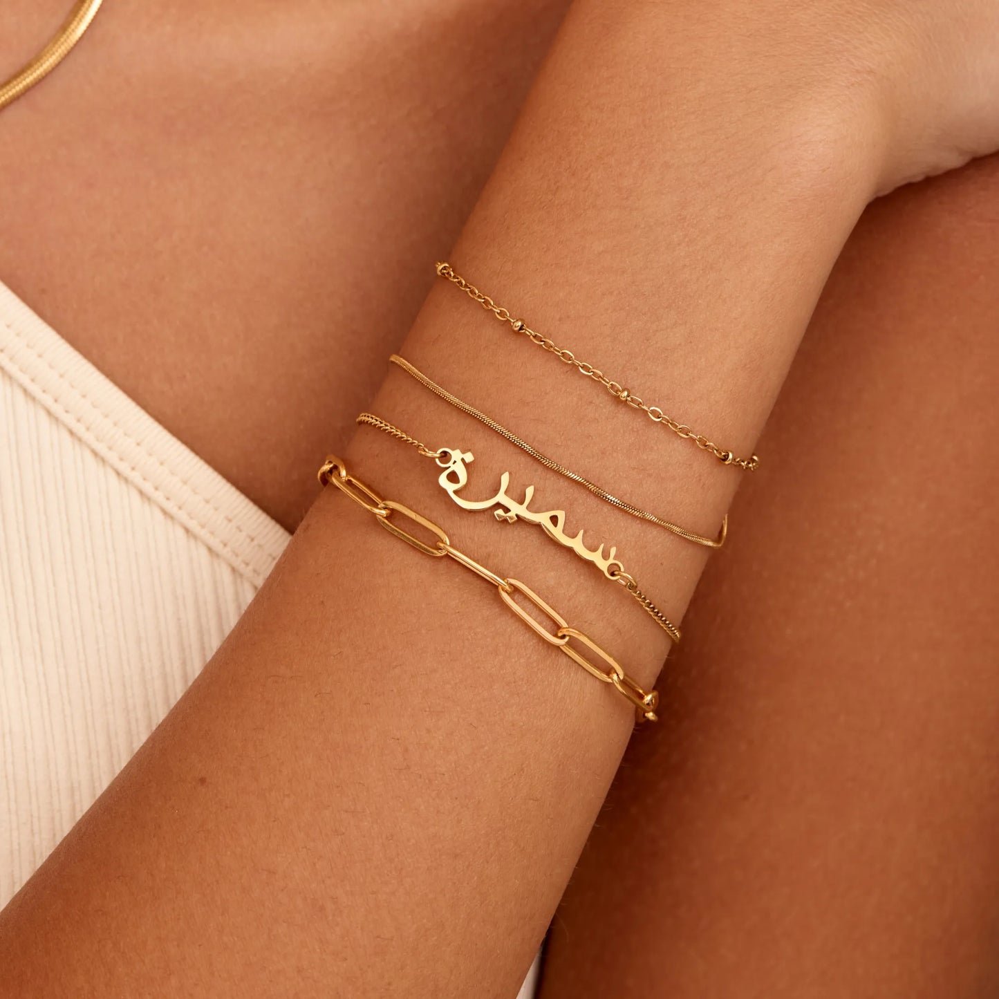 Beaded & Snake Chain Layered Bracelet | Gold-Plated | Snake & Satellite Stack