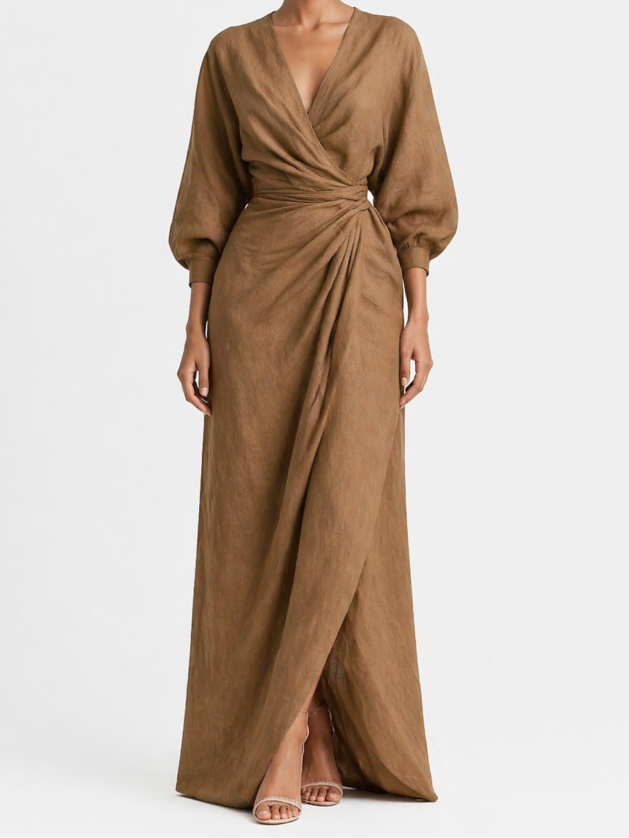 Woman wearing a brown dress on a white background