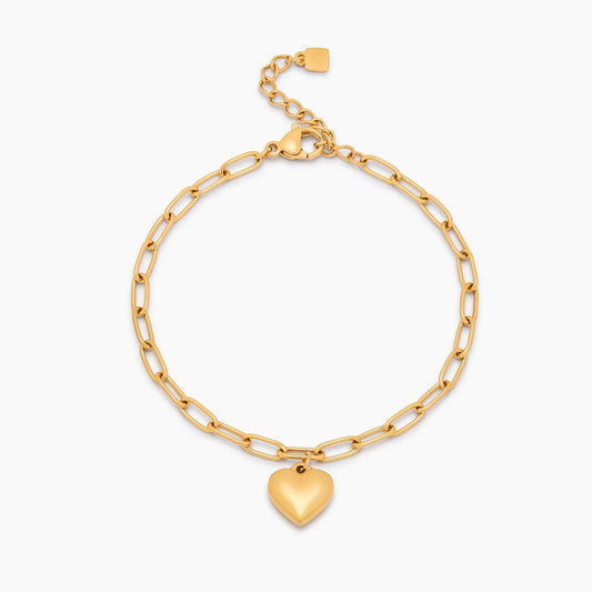 Paperclip Heart Charm Bracelet | 18K Gold-Plated | Polished Heart Charm