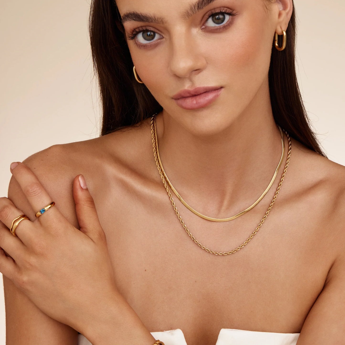 Herringbone & Rope Chain Layered Necklace | Gold-Plated | Two-Chain Layer