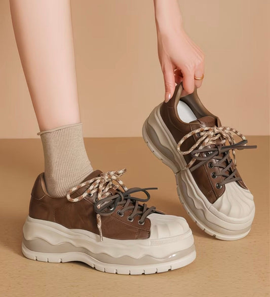 Brown Chunky Platform Sneakers with Ribbed Toe Detail