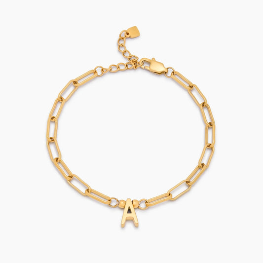 Paperclip Initial Charm Bracelet | 18K Gold-Plated | Engraved Initial