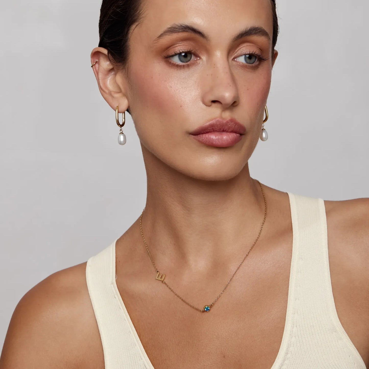 Side-Set Initial Birthstone Necklace | Gold-Plated | Off-Centre Initial & Stone