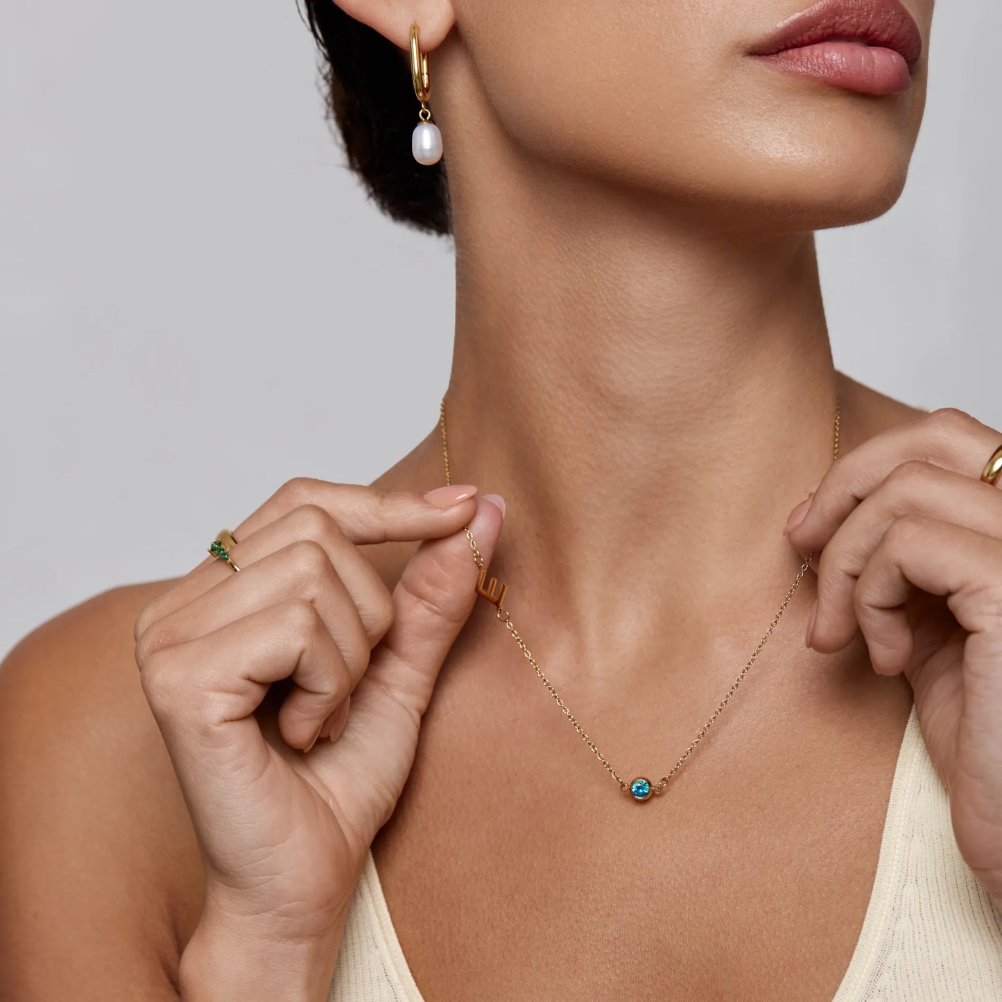 Side-Set Initial Birthstone Necklace | Gold-Plated | Off-Centre Initial & Stone