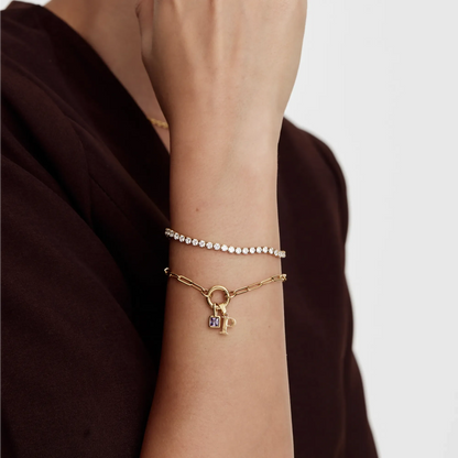 Paperclip Initial Birthstone Bracelet | 18K Gold-Plated | Initial & Stone
