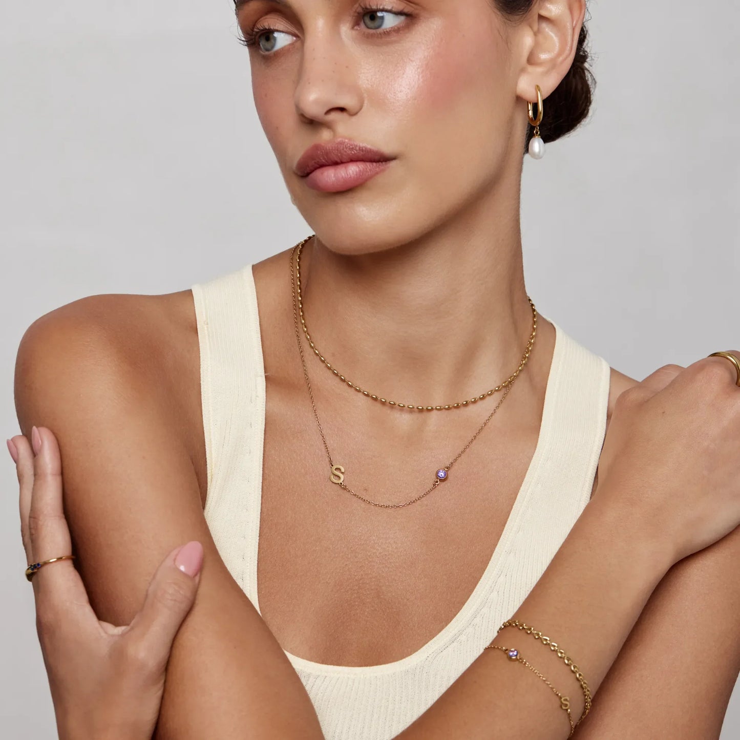 Side-Set Initial Birthstone Necklace | Gold-Plated | Off-Centre Initial & Stone