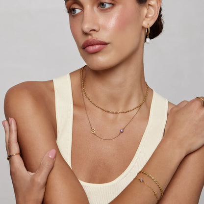 Side-Set Initial Birthstone Necklace | Gold-Plated | Off-Centre Initial & Stone