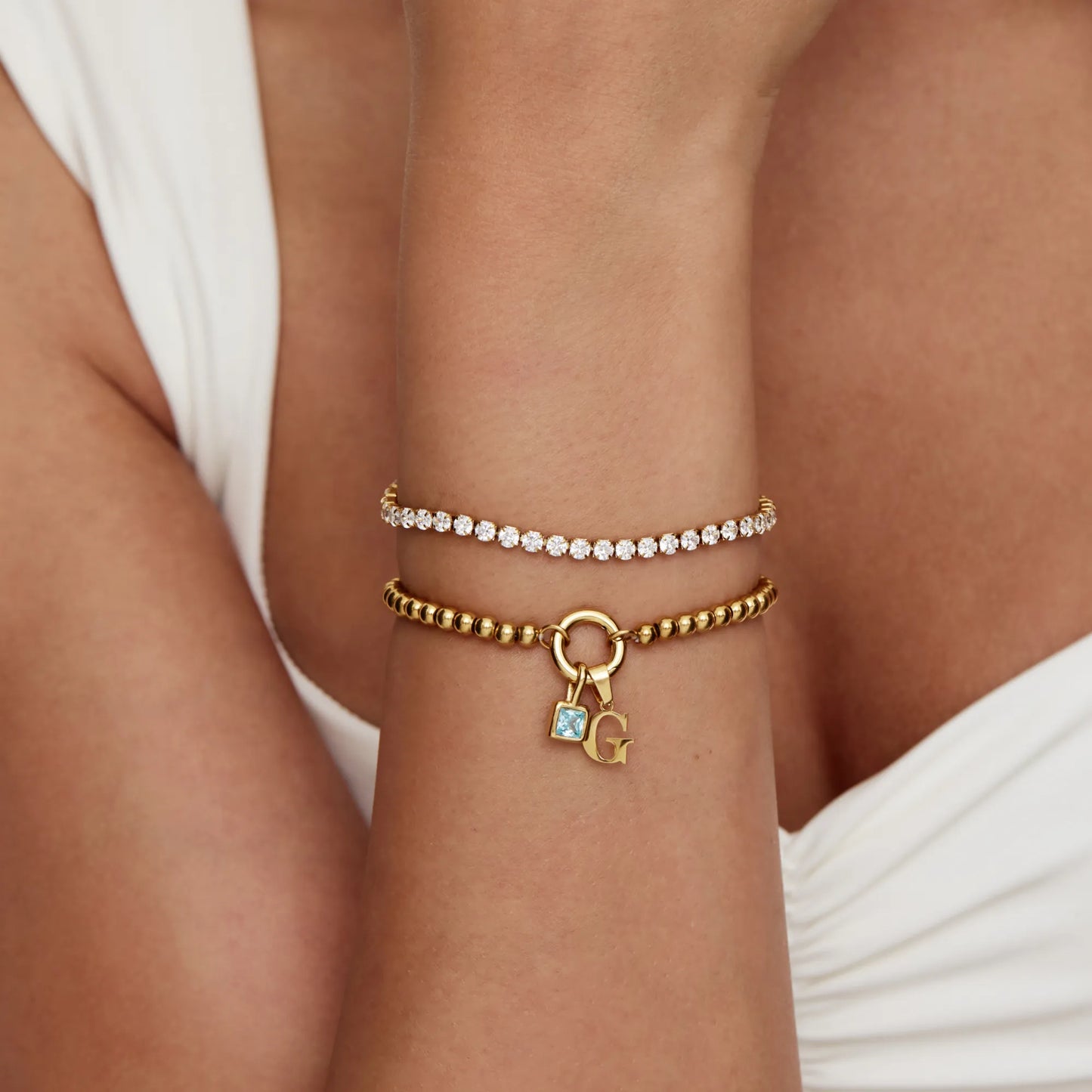Beaded Initial Birthstone Bracelet | 18K Gold-Plated | Initial & Stone