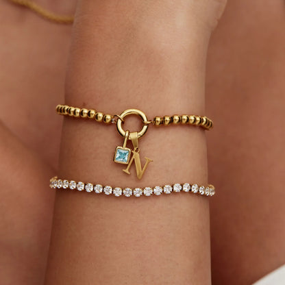 Beaded Initial Birthstone Bracelet | 18K Gold-Plated | Initial & Stone