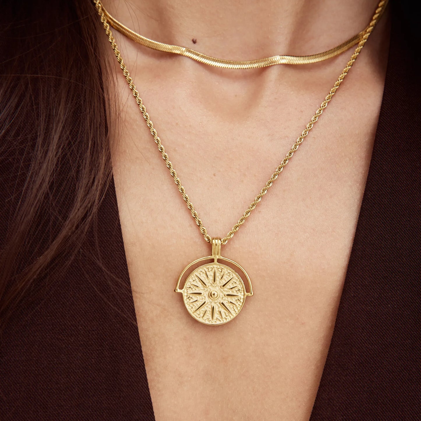 Compass Medallion Necklace | Gold-Plated | Round Compass Medallion Pendant