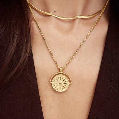Compass Medallion Necklace | Gold-Plated | Round Compass Medallion Pendant
