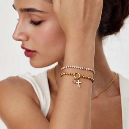 Beaded Cross Birthstone Bracelet | 18K Gold-Plated | Cross & Birthstone Charm