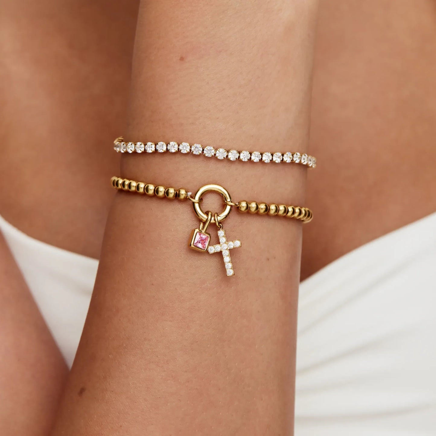Beaded Cross Birthstone Bracelet | 18K Gold-Plated | Cross & Birthstone Charm