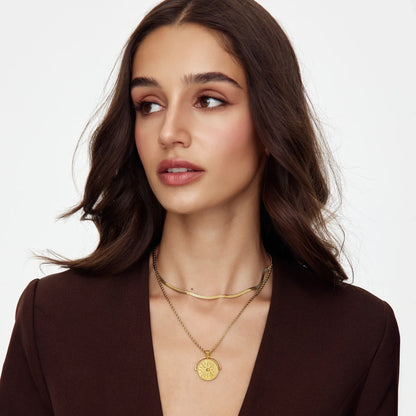 Compass Medallion Necklace | Gold-Plated | Round Compass Medallion Pendant