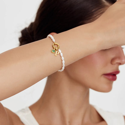 Pearl Initial Birthstone Bracelet | 18K Gold-Plated | Pearl, Initial & Stone