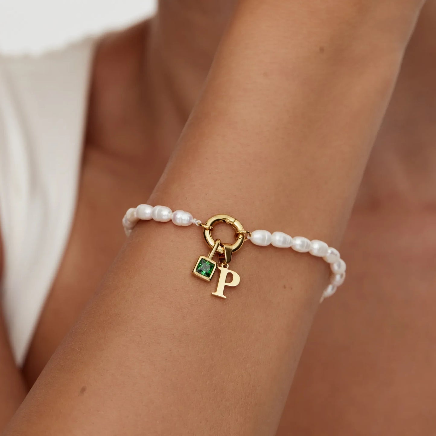 Pearl Initial Birthstone Bracelet | 18K Gold-Plated | Pearl, Initial & Stone