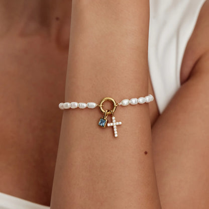 Pearl Birthstone Cross Charm Bracelet | 18K Gold-Plated | Pearl & Cross Charm