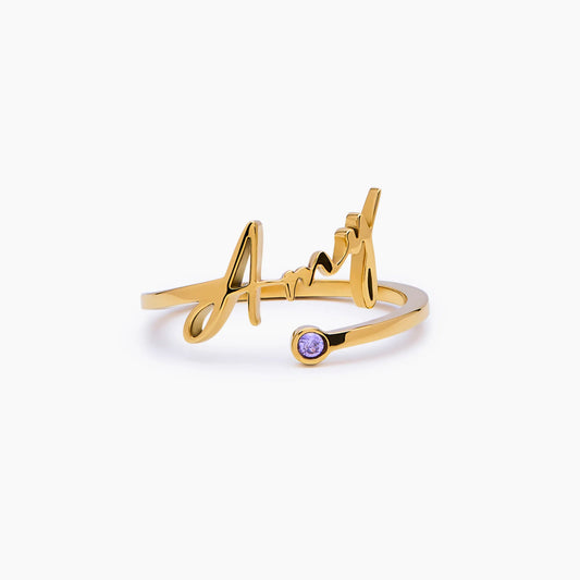 Signature Name and Birthstone Ring | 18K Gold-Plated | Custom Open Band Jewelry