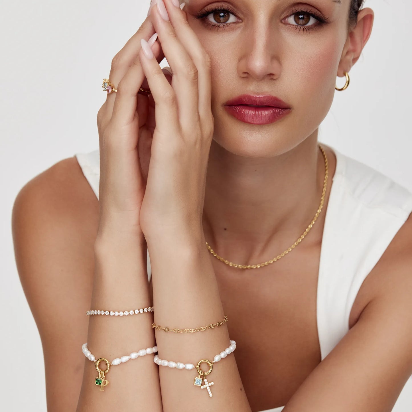 Pearl Birthstone Cross Charm Bracelet | 18K Gold-Plated | Pearl & Cross Charm
