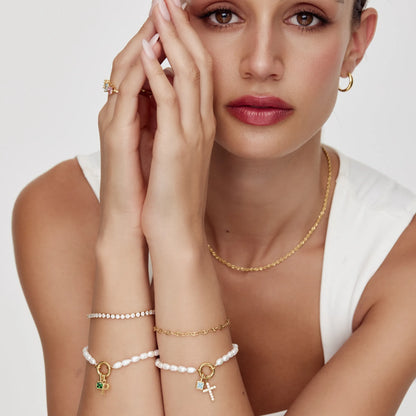 Pearl Birthstone Cross Charm Bracelet | 18K Gold-Plated | Pearl & Cross Charm