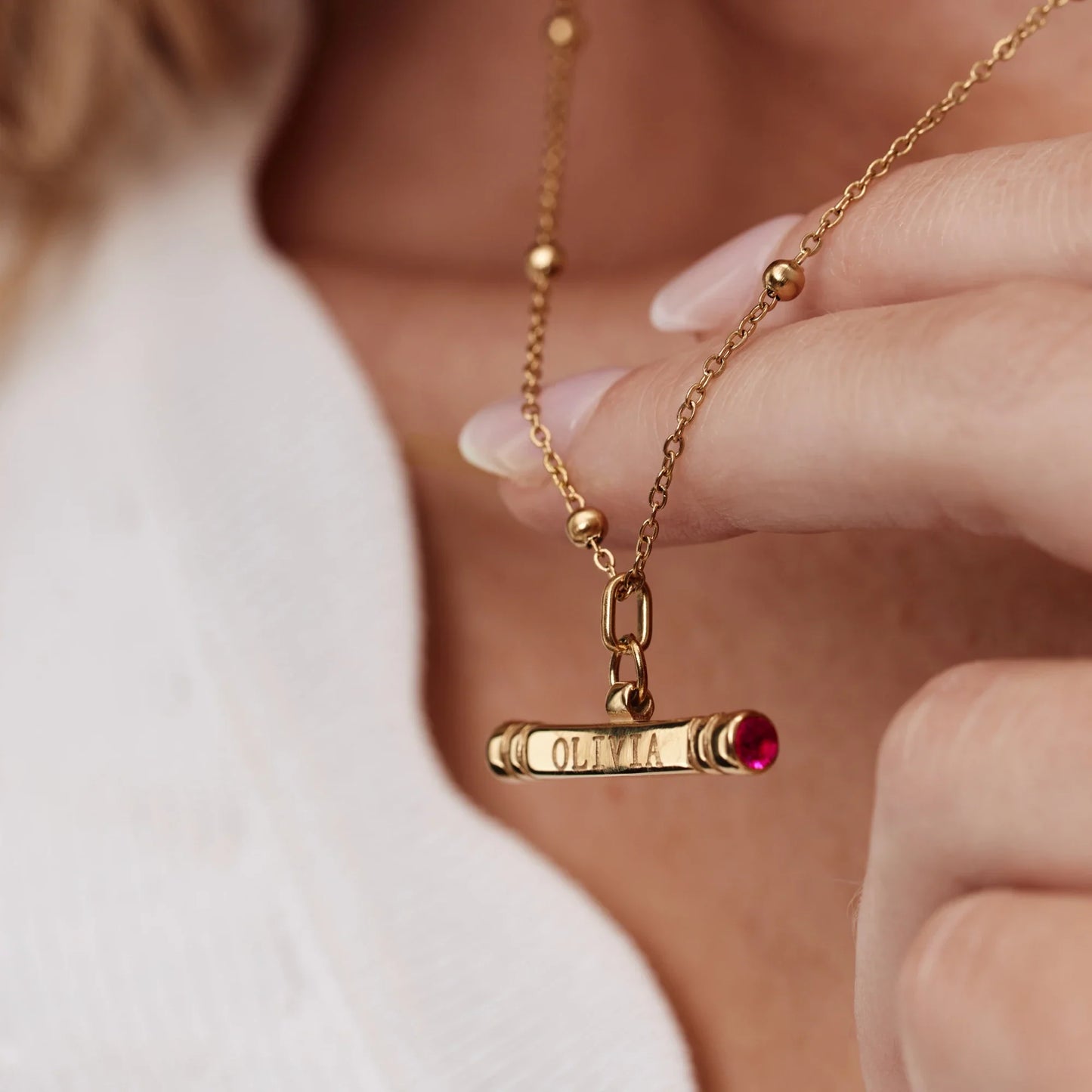 Custom Name & Birthstone T-Bar Necklace | Gold-Plated | Beaded Chain
