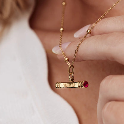 Custom Name & Birthstone T-Bar Necklace | Gold-Plated | Beaded Chain