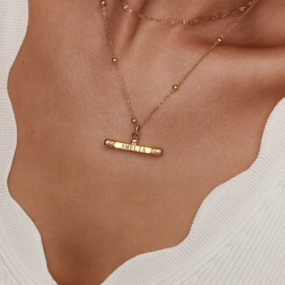 Custom Name & Birthstone T-Bar Necklace | Gold-Plated | Beaded Chain