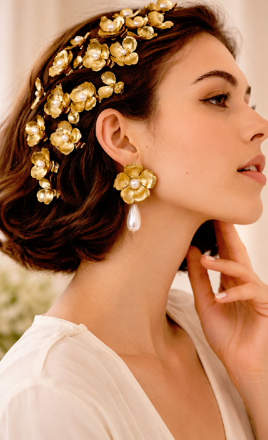 Gold Floral Hair Clips Set with Pearl Accents, Vintage Botanical Bridal Hair Accessories