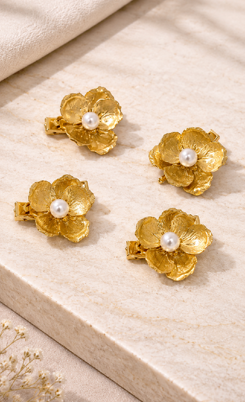Gold Floral Hair Clips Set with Pearl Accents, Vintage Botanical Bridal Hair Accessories