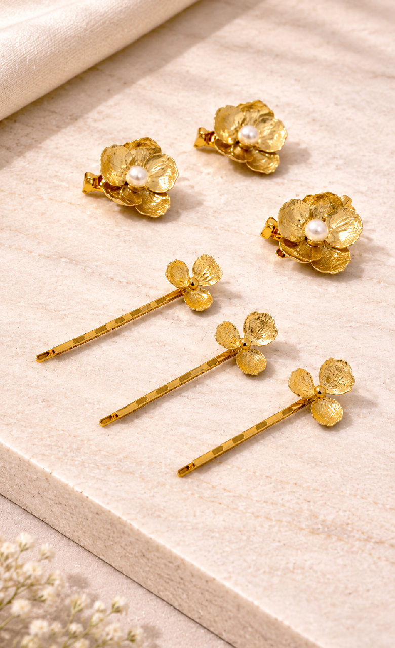 Gold Floral Hair Clips Set with Pearl Accents, Vintage Botanical Bridal Hair Accessories