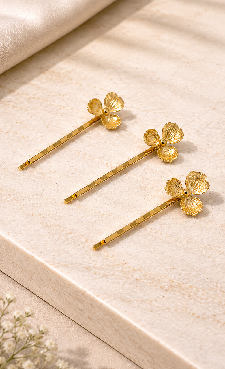 Gold Floral Hair Clips Set with Pearl Accents, Vintage Botanical Bridal Hair Accessories