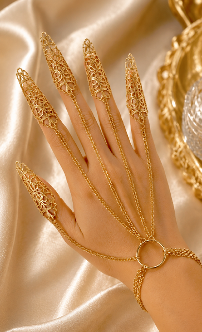 Gold Silver Gothic Finger Claw Hand Chain Bracelet, Medieval Armor Statement Jewelry