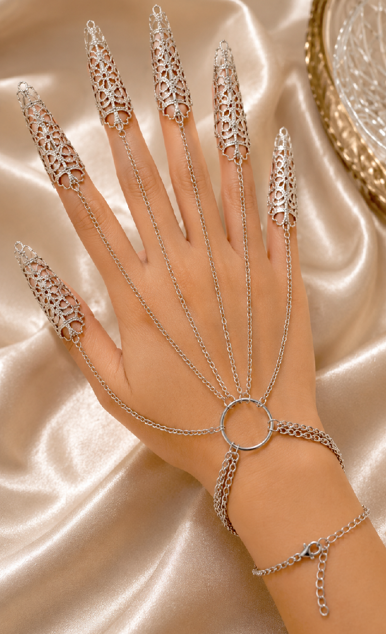 Gold Silver Gothic Finger Claw Hand Chain Bracelet, Medieval Armor Statement Jewelry
