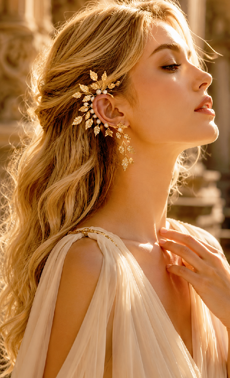 Gold Leaf Ear Cuff, Pearl Fairy Ear Wrap, Boho Bridal Ethereal Jewelry